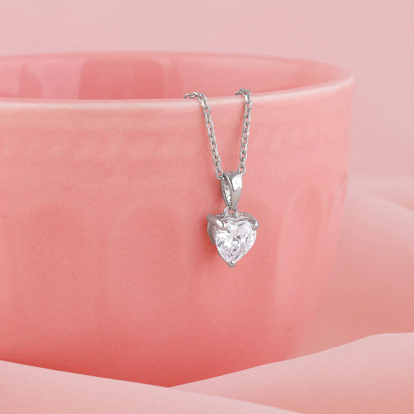 Silver Solitaire Heart Pendant with Link Chain