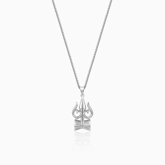 Silver Trishul And Damru Pendant With Box Chain