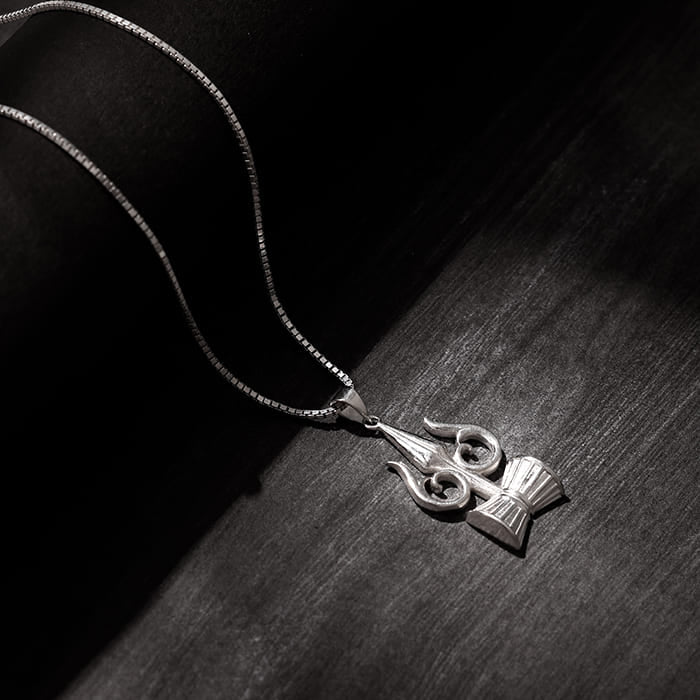 Silver Trishul And Damru Pendant With Box Chain
