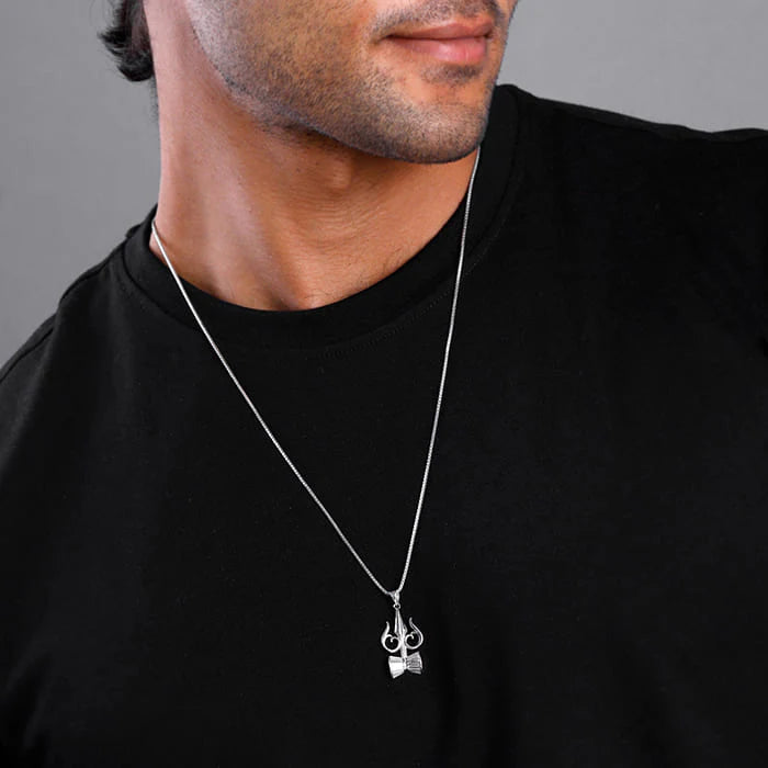 Silver Trishul And Damru Pendant With Box Chain