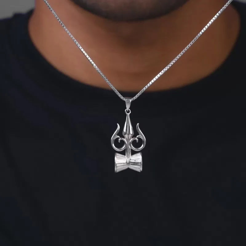 Silver Trishul And Damru Pendant With Box Chain