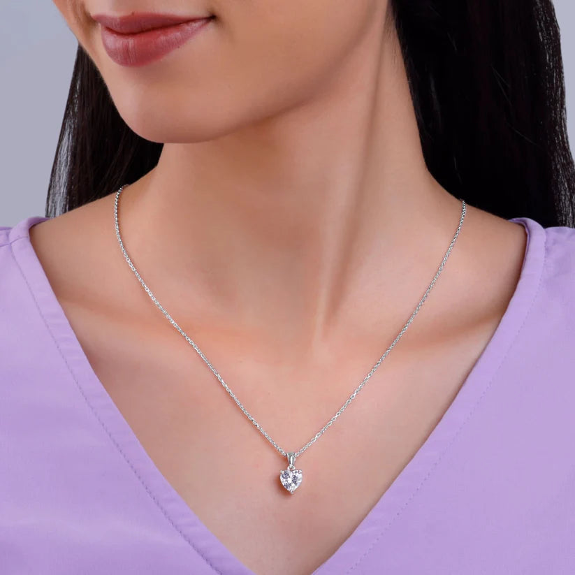 Silver Solitaire Heart Pendant with Link Chain